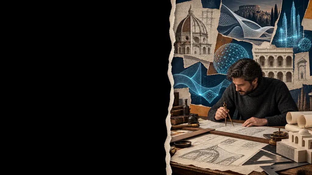 Illustration: an architect drawing plans, surrounded by landmarks and AI networks