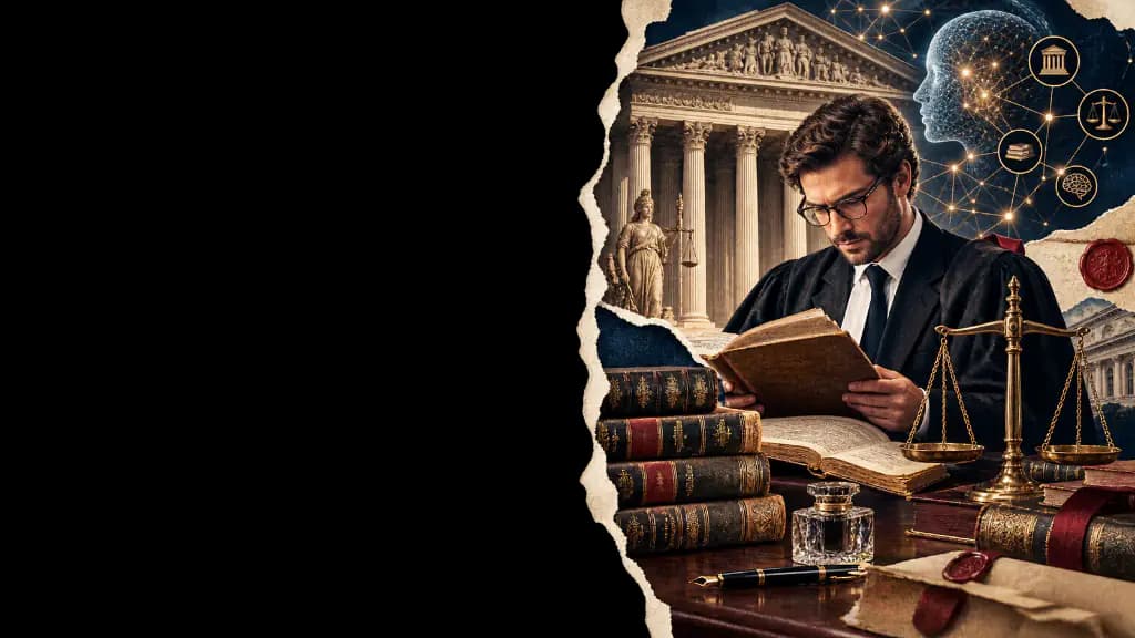 Illustration: a lawyer reading a legal file beside the scales of justice and an AI network