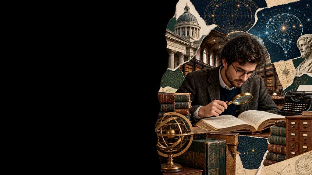 Illustration: a researcher examining a book with a magnifying glass, surrounded by books and data