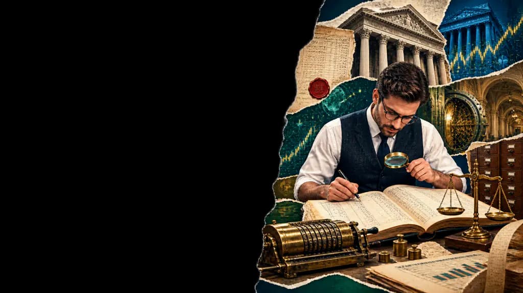 Illustration: an accountant analysing a financial ledger with a magnifying glass