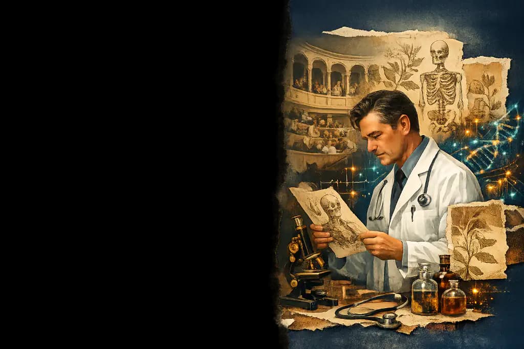 Illustration: a doctor studying a medical document, surrounded by anatomy plates