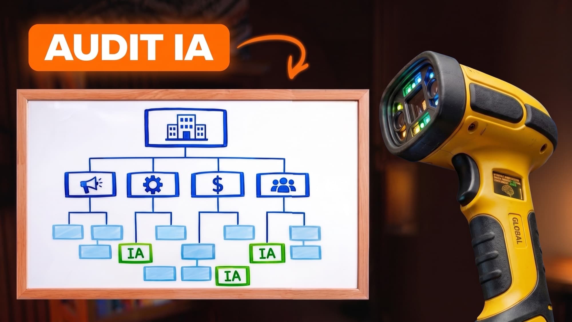 AI audit: a company org chart on a whiteboard, with the processes AI can take over marked in green