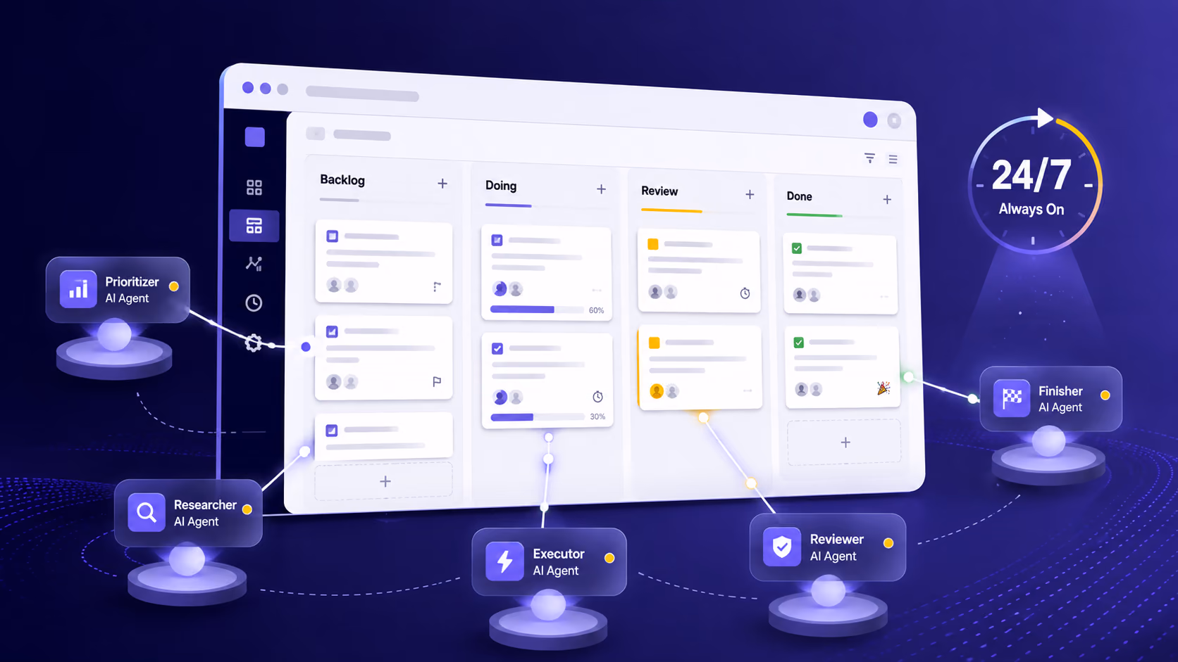 A five-column Kanban board with three cards handled by separate AI agents, the approval column still staffed by a human.